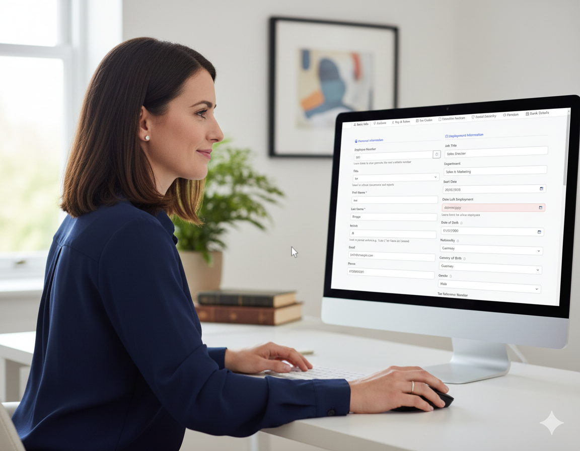 Employee form showing personal details, employment info, and bank details sections