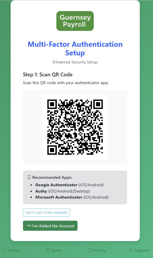 MFA setup page showing QR code and authenticator app instructions
